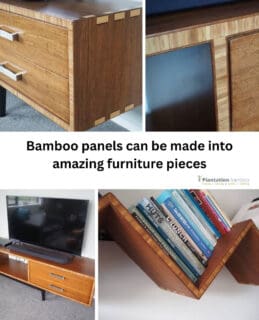 Plantation bamboo panels can be made into beautiful and unique pieces of funiture. 🌱
A clever Taranaki customer used a 30mm compressed coffee bamboo panel to make a TV console.  Along with the edge grain of the panels - we love the unique edge feature he added to the top sides of the console. 😍 
The zigzag bookshelf (pictured bottom right) was made from a 20mm compressed coffee bamboo panel and has mitred dovetails - which finish them off perfectly.💚💚
#plantationbamboo #bamboo #joinery #bamboojoinery #bamboofurniture #interiordesign #interior #newbuild #nzdesign #builtgreen #strong #nzjoiner #sustainabledesign #sustainablebamboo #sustainable #durable #beautiful #natural #ecofriendly #nzarchitecture #newzealand #nzbuilding