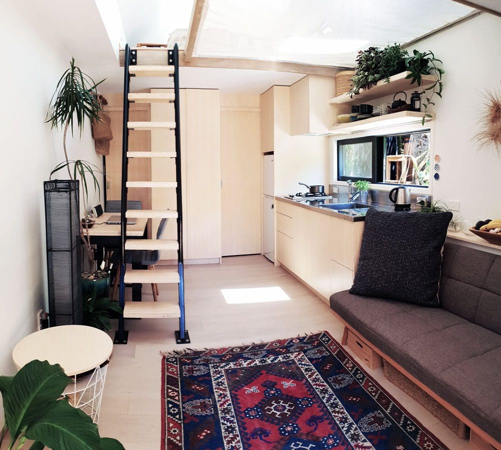 living room in bamboo tiny house