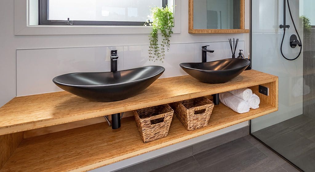 Bamboo panels used as bathroom vanity