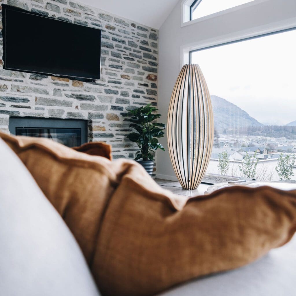 Bamboo Floor lamp in architectural living room in wanaka, New Zealand