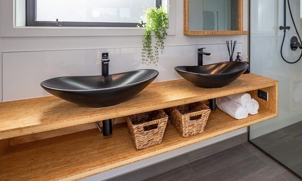 Bamboo panels used as bathroom vanity